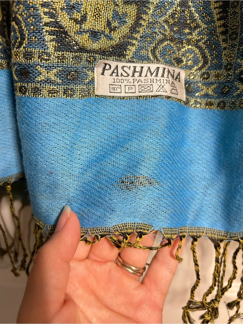 Pashmina Blue Gold Ornate Paisley Shawl Wrap Fringe Boho